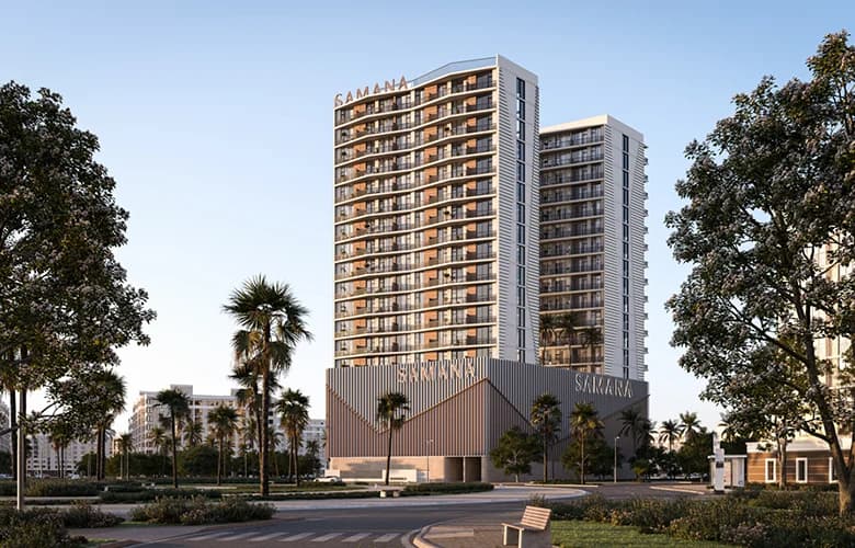 Samana Greenfield 2 — tower elevation at dusk