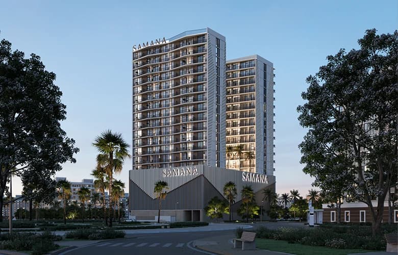 Samana Greenfield 2 — twin residential towers at Al Warsan 4, International City 2