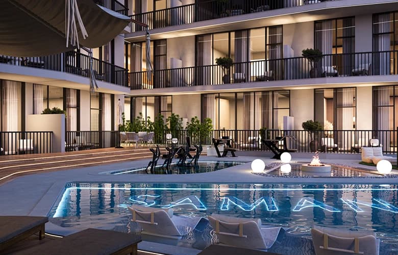 The podium pool deck at Samana Greenfield 2 at night